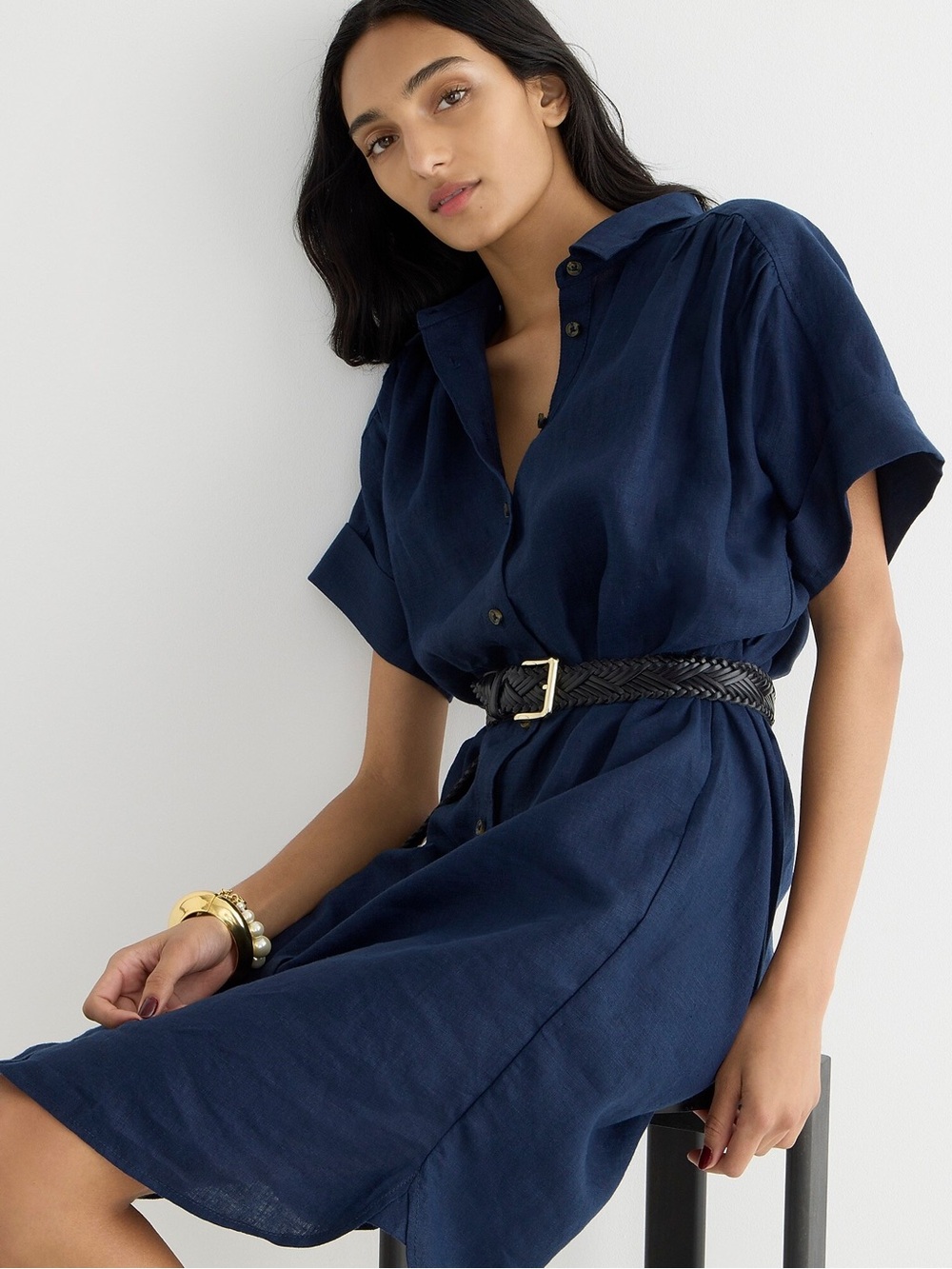 J Crew • Relaxed-fit Linen Shirtdress shift mini button front navy blue